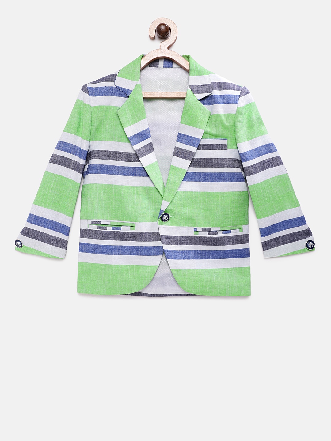 

RIKIDOOS Boys Green Striped Tailored Fit Single-Breasted Pure Cotton Blazer