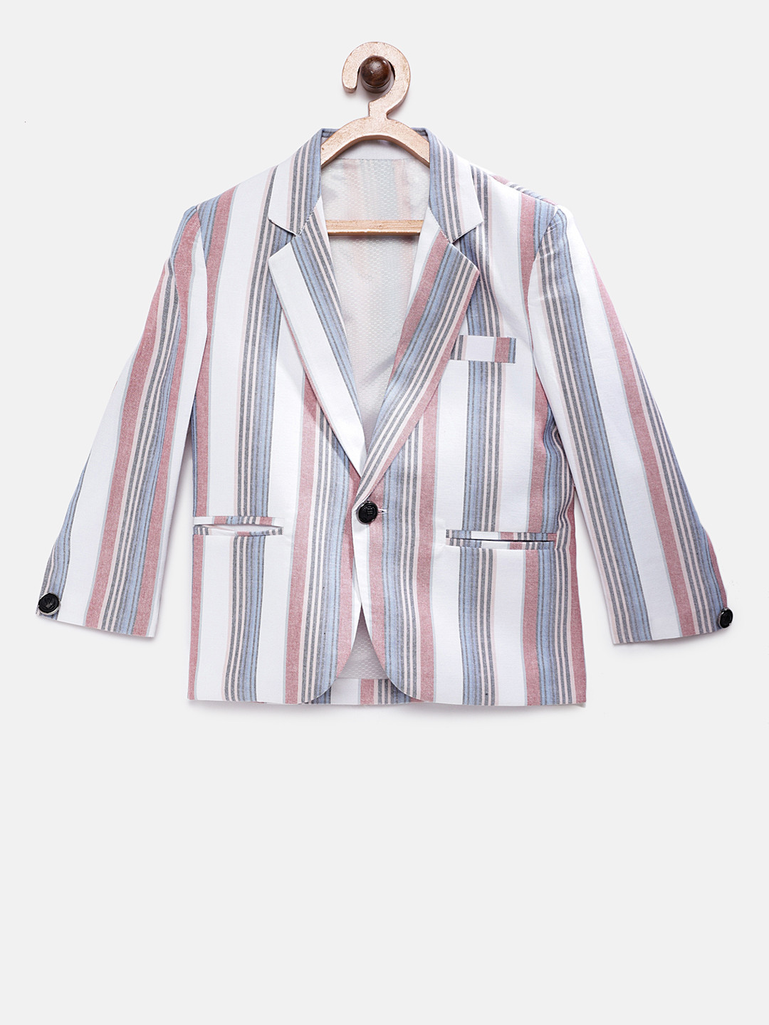 

RIKIDOOS Boys White Striped Tailored Fit Single-Breasted Pure Cotton Blazer