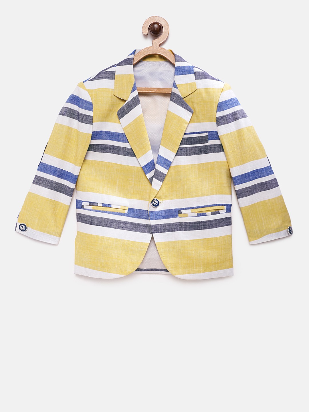 

RIKIDOOS Boys Yellow Striped Tailored Fit Single-Breasted Pure Cotton Blazer