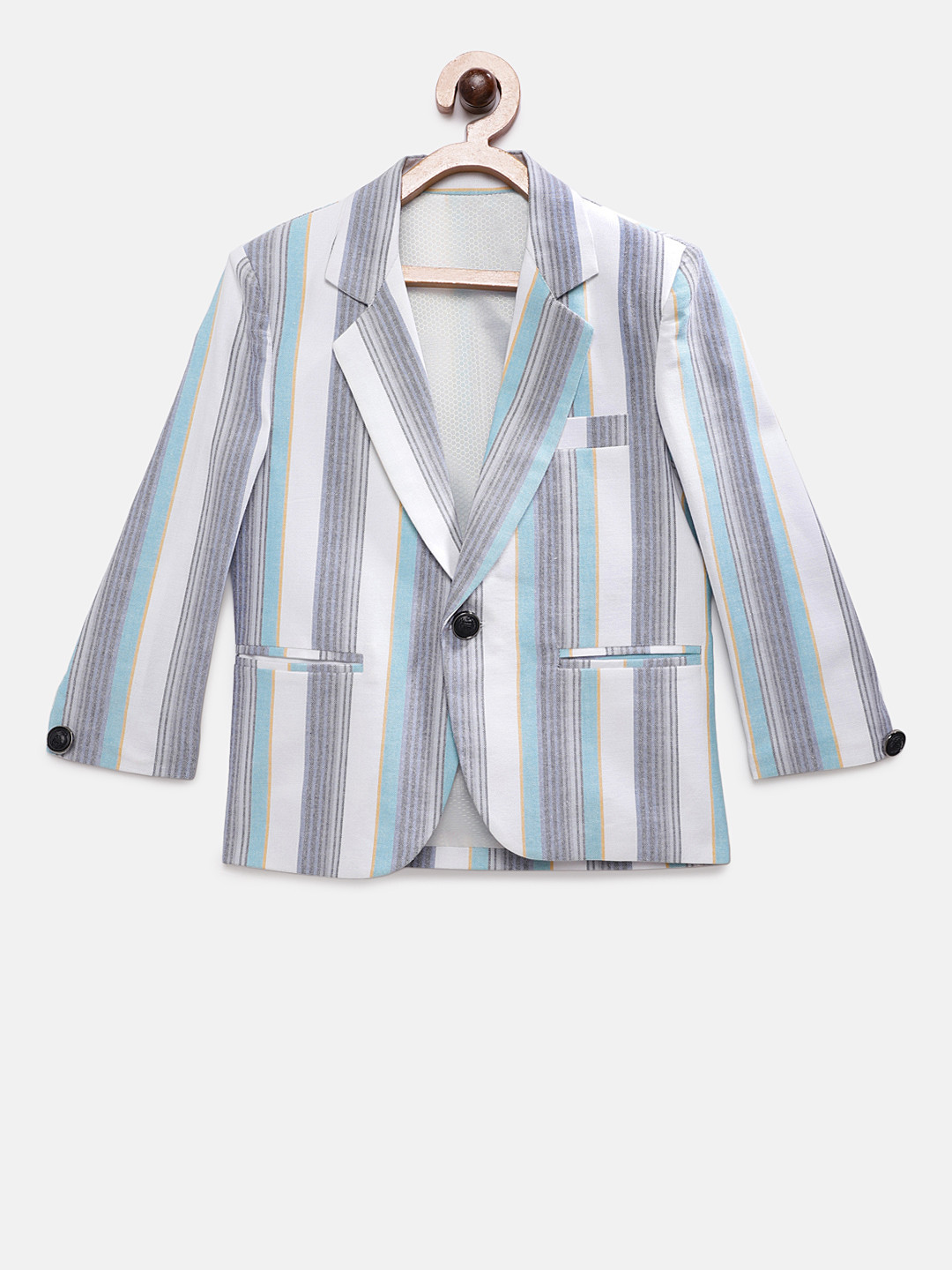 

RIKIDOOS Boys White Striped Tailored Fit Single-Breasted Pure Cotton Blazer