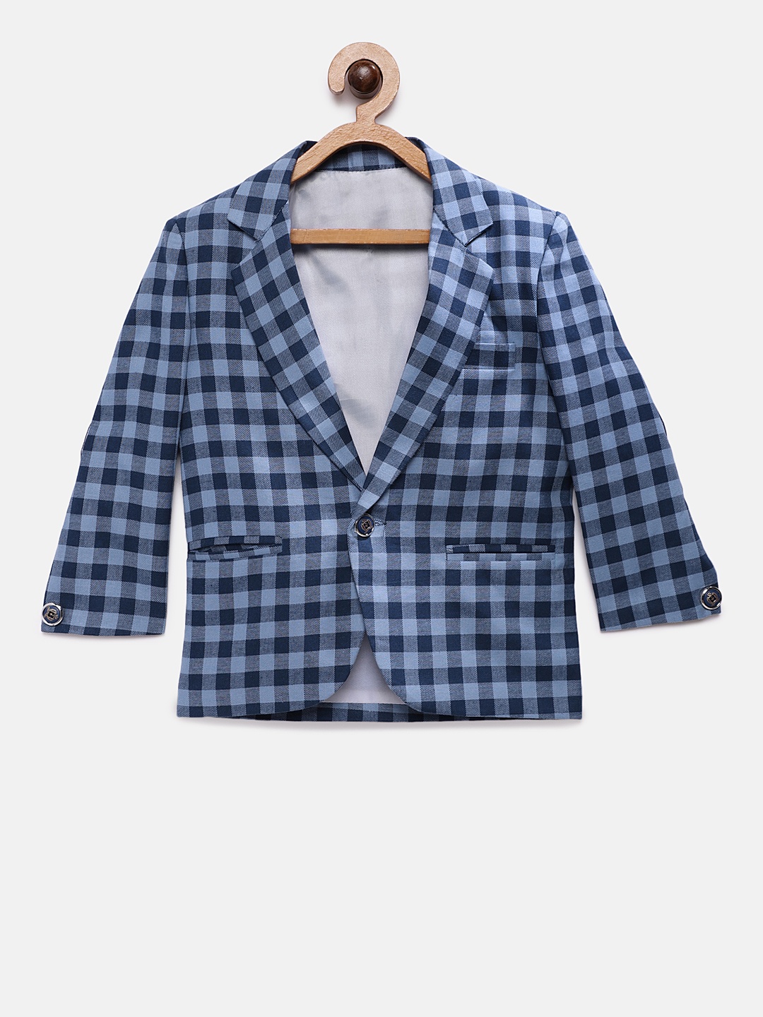 

RIKIDOOS Boys Blue Checked Tailored Fit Single-Breasted Pure Cotton Blazer