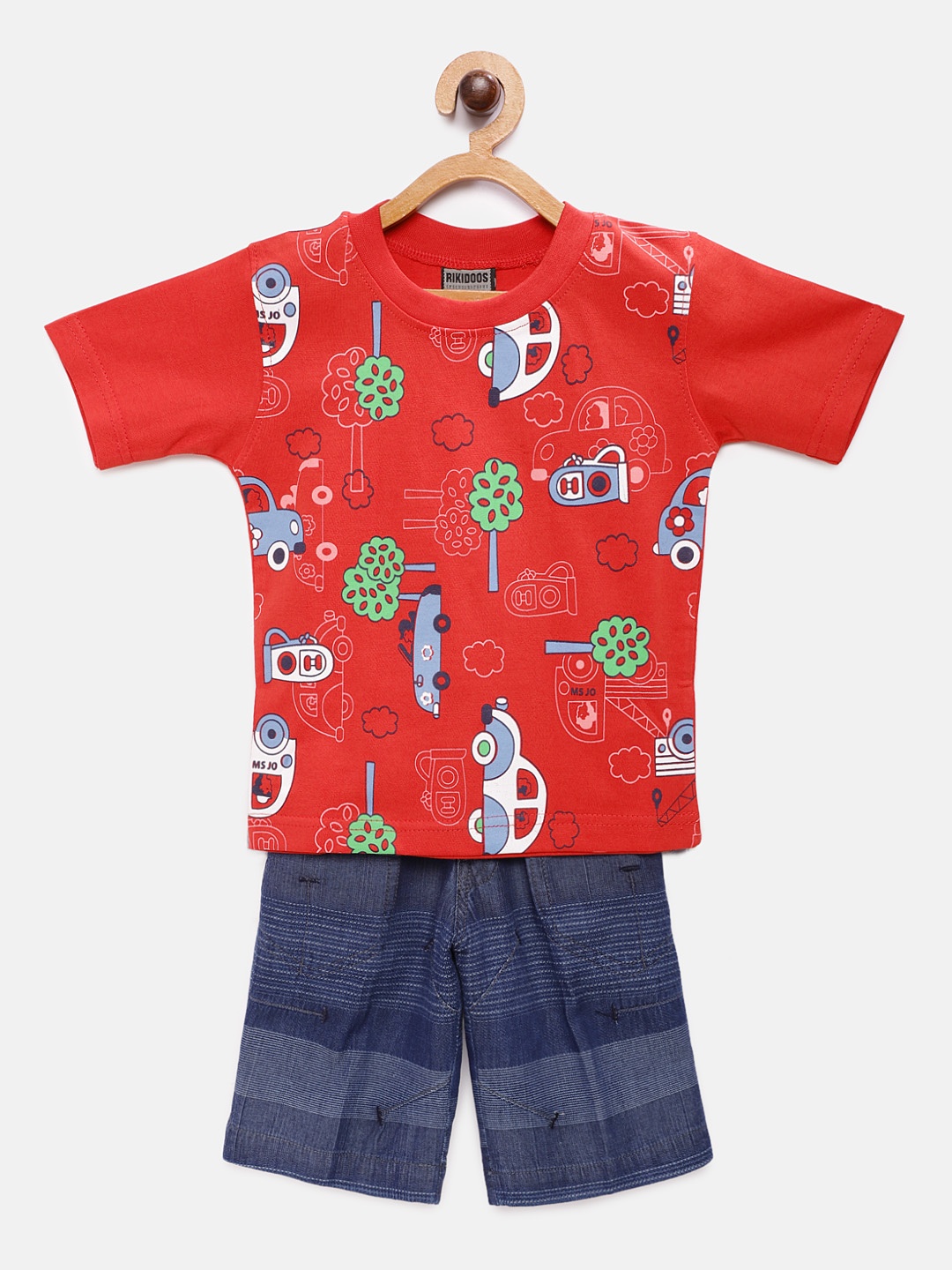 

RIKIDOOS Boys Red & Blue Printed T-shirt with Shorts