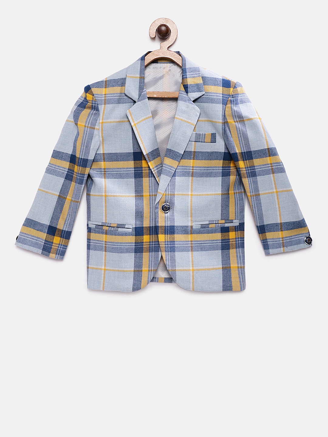 

RIKIDOOS Boys Blue Checked Tailored Fit Single-Breasted Pure Cotton Blazer