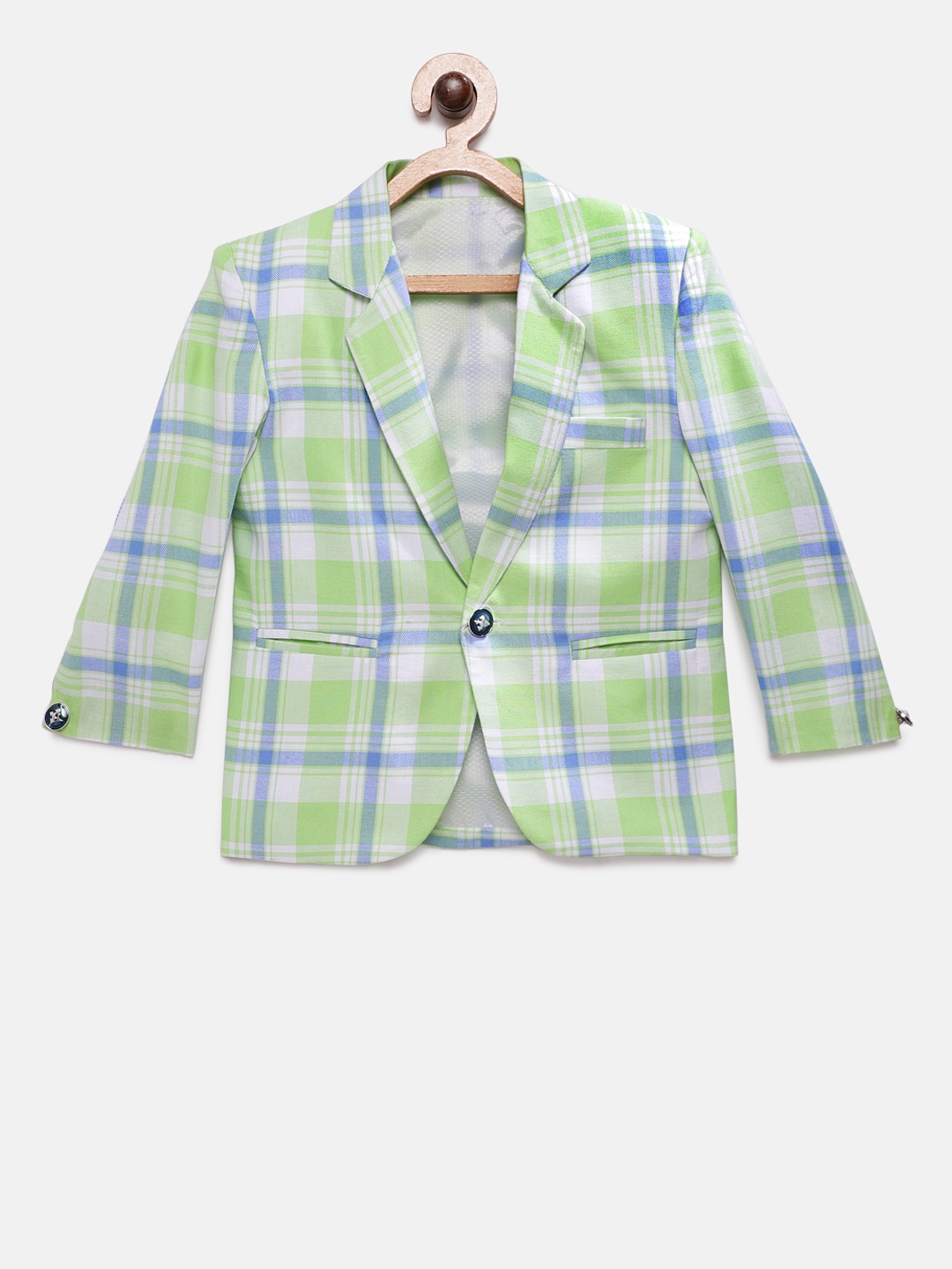 

RIKIDOOS Boys Green Checked Tailored Fit Single-Breasted Pure Cotton Blazer