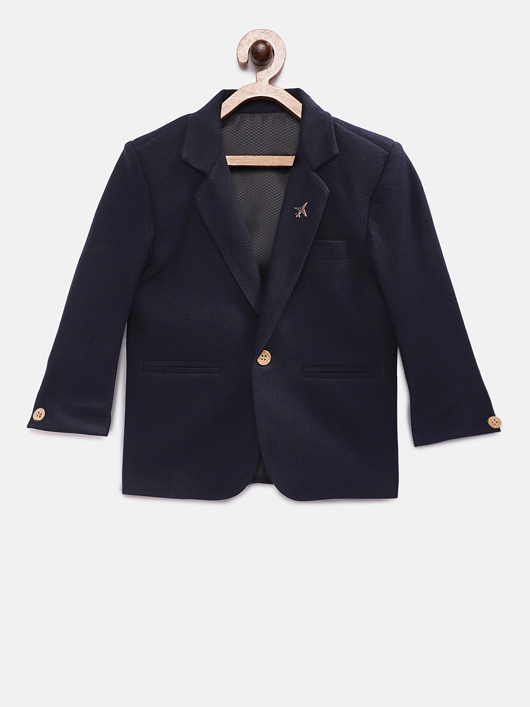 

RIKIDOOS Boys Navy Blue Solid Tailored Fit Single-Breasted Pure Cotton Blazer