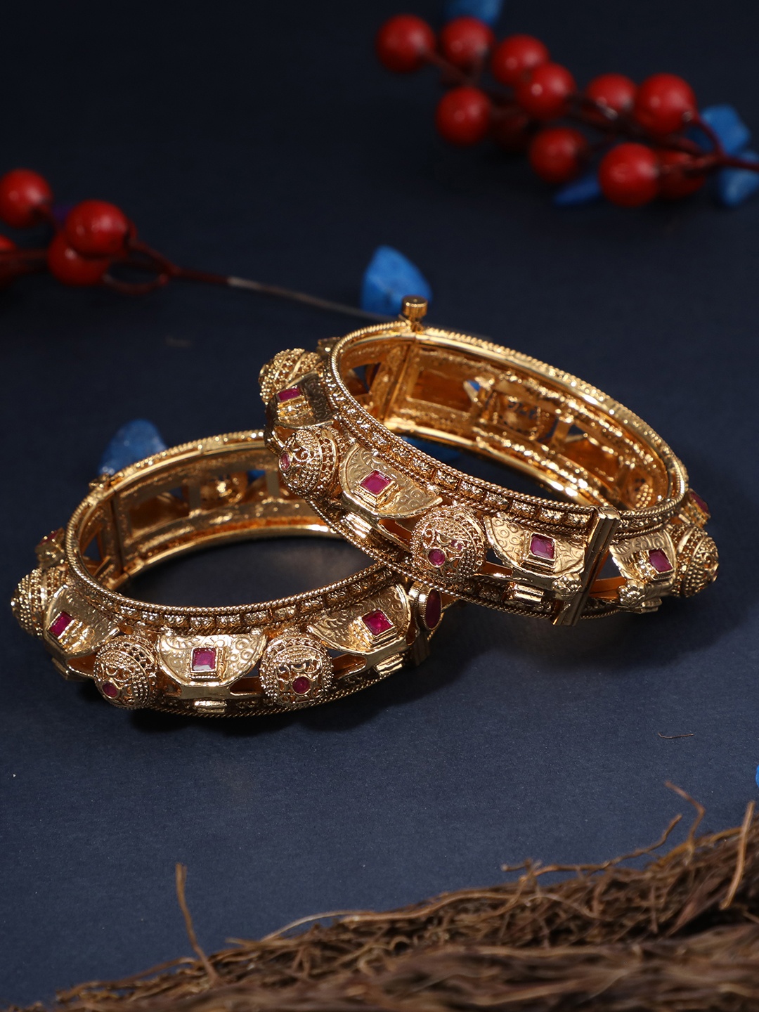 

Adwitiya Collection Women Set of 2 24k Gold-Plated & Red Embellished Designer Bangles