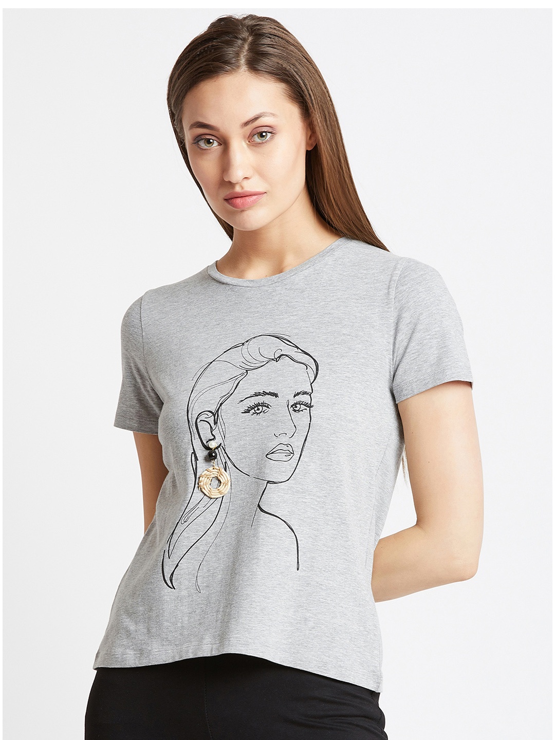 

COVER STORY Women Grey Printed Round Neck T-shirt