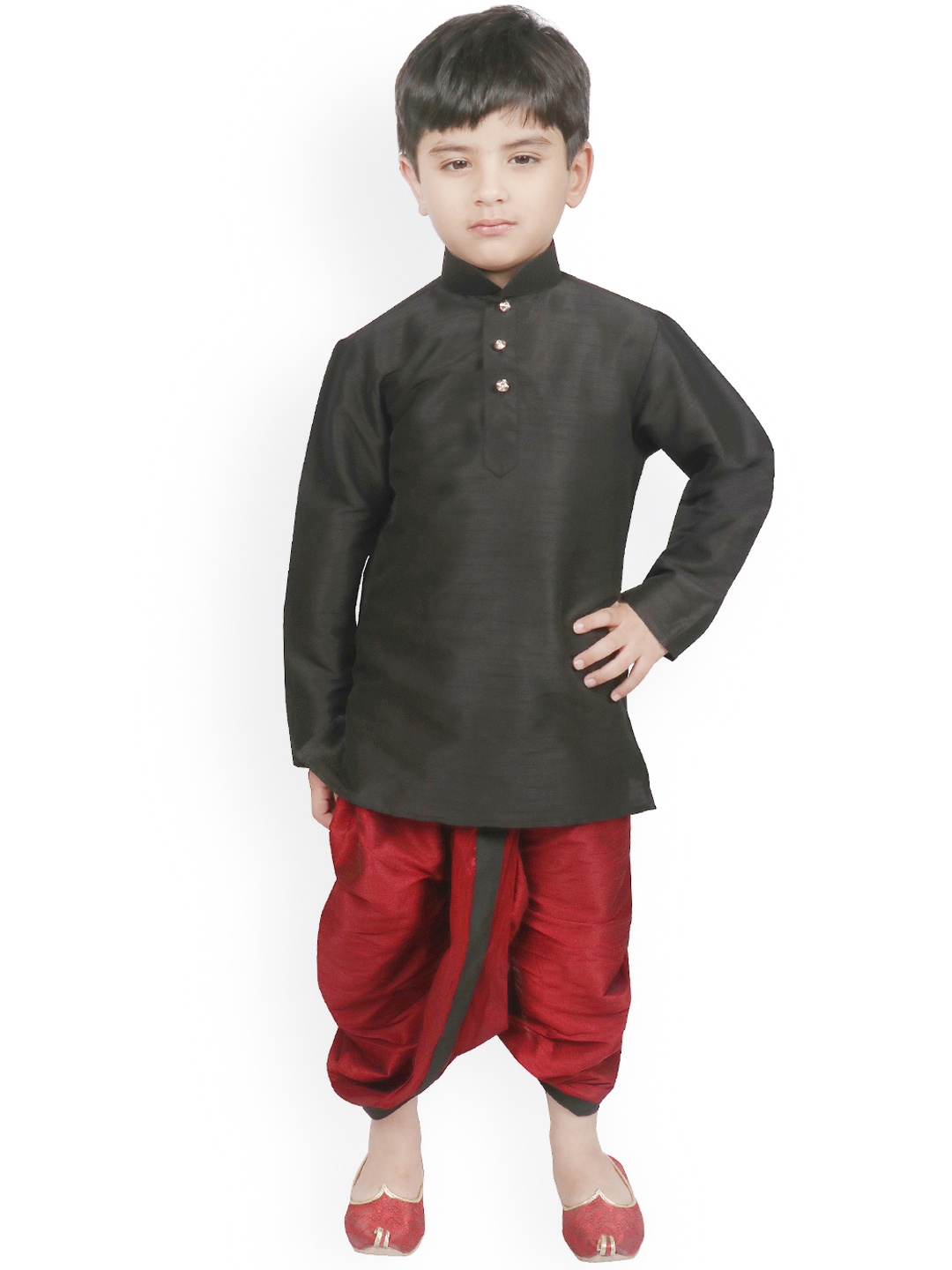 

SG YUVRAJ Boys Black & Maroon Solid Raw Silk Kurta with Dhoti Pants