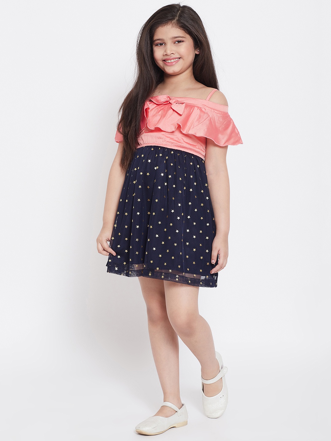 

Stylo Bug Girls & Navy Blue Peach-Coloured Printed Fit and Flare Dress