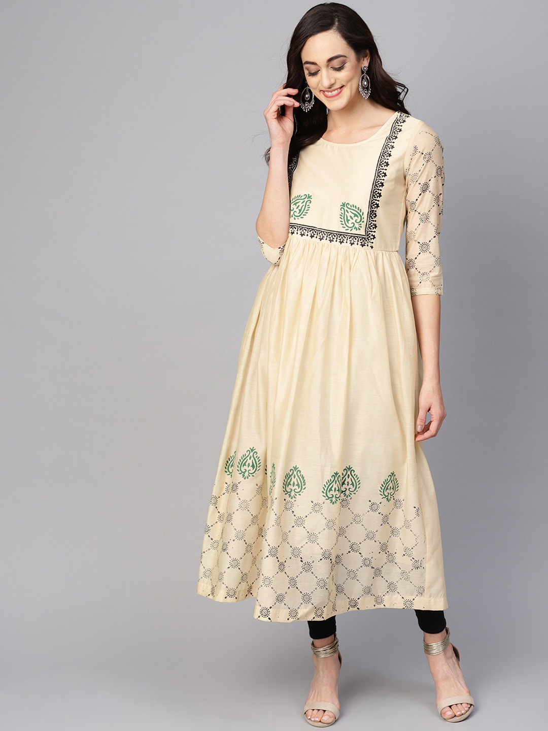 

Pannkh Women Beige & Black Block Print A-Line Kurta