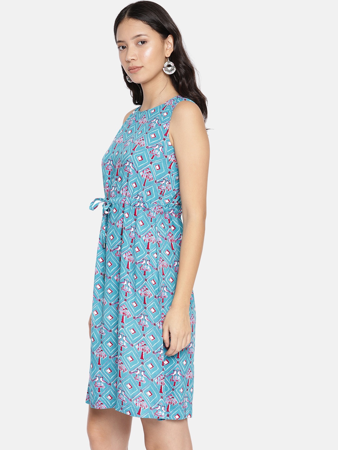 

Global Desi Women Blue & Red Printed A-Line Dress