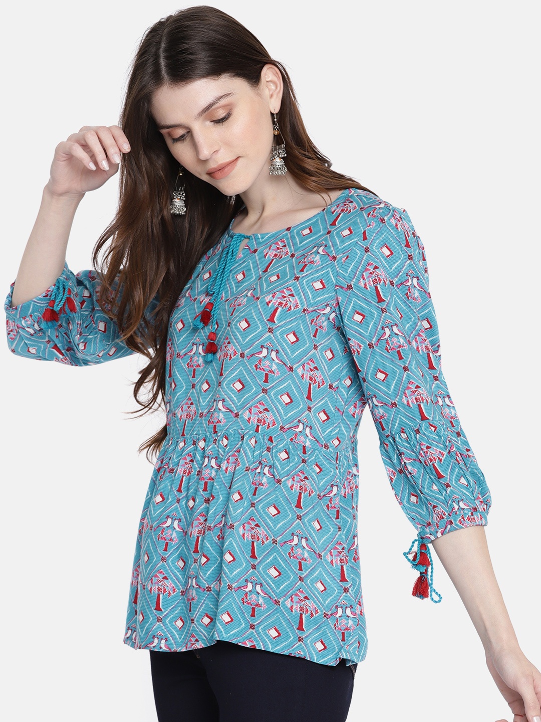 

Global Desi Women Blue & Red Printed Regular Top