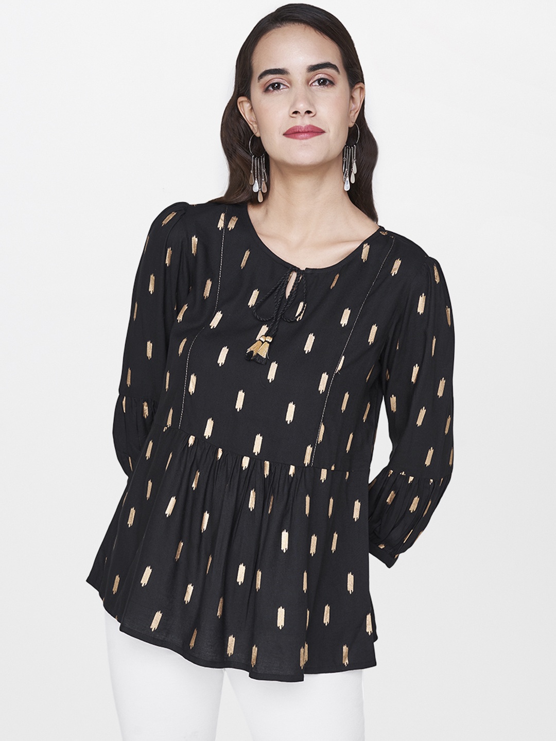 

Global Desi Women Black Printed A-Line Top