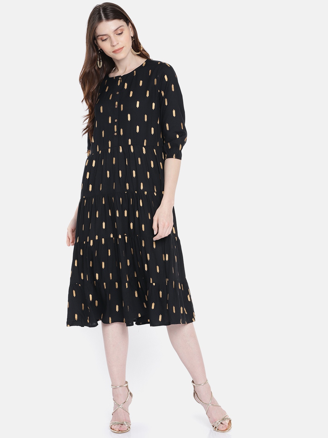 

Global Desi Women Black & Beige Printed A-Line Dress