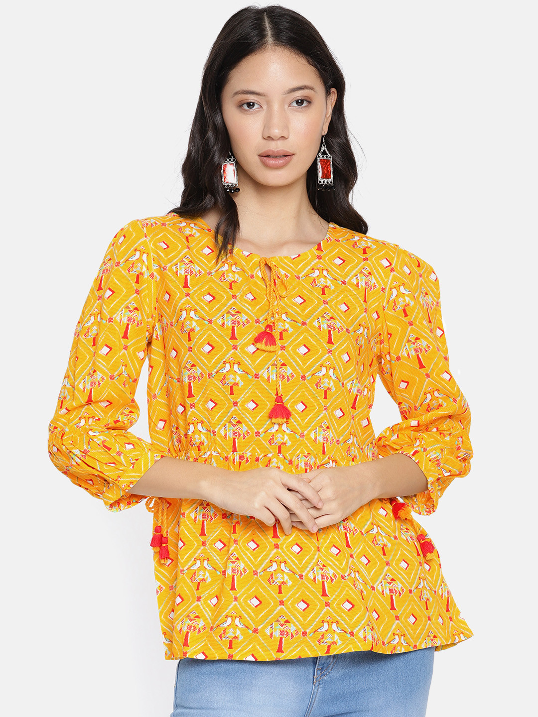 

Global Desi Women Yellow Printed A-Line Top