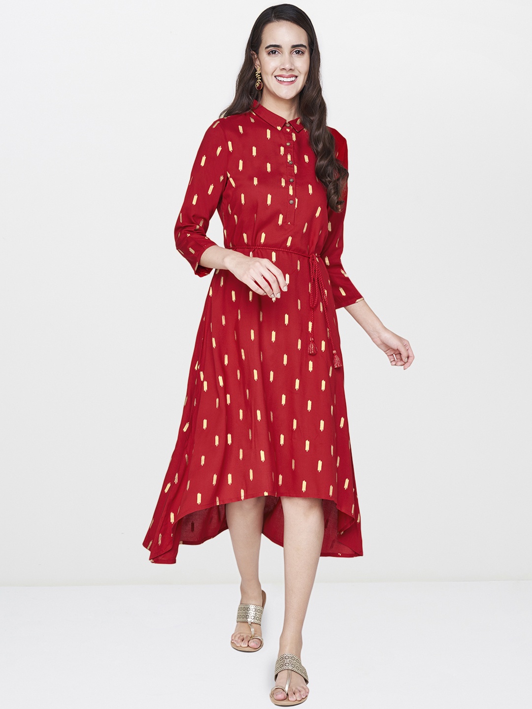 

Global Desi Women Red Printed Fit and Flare Dress