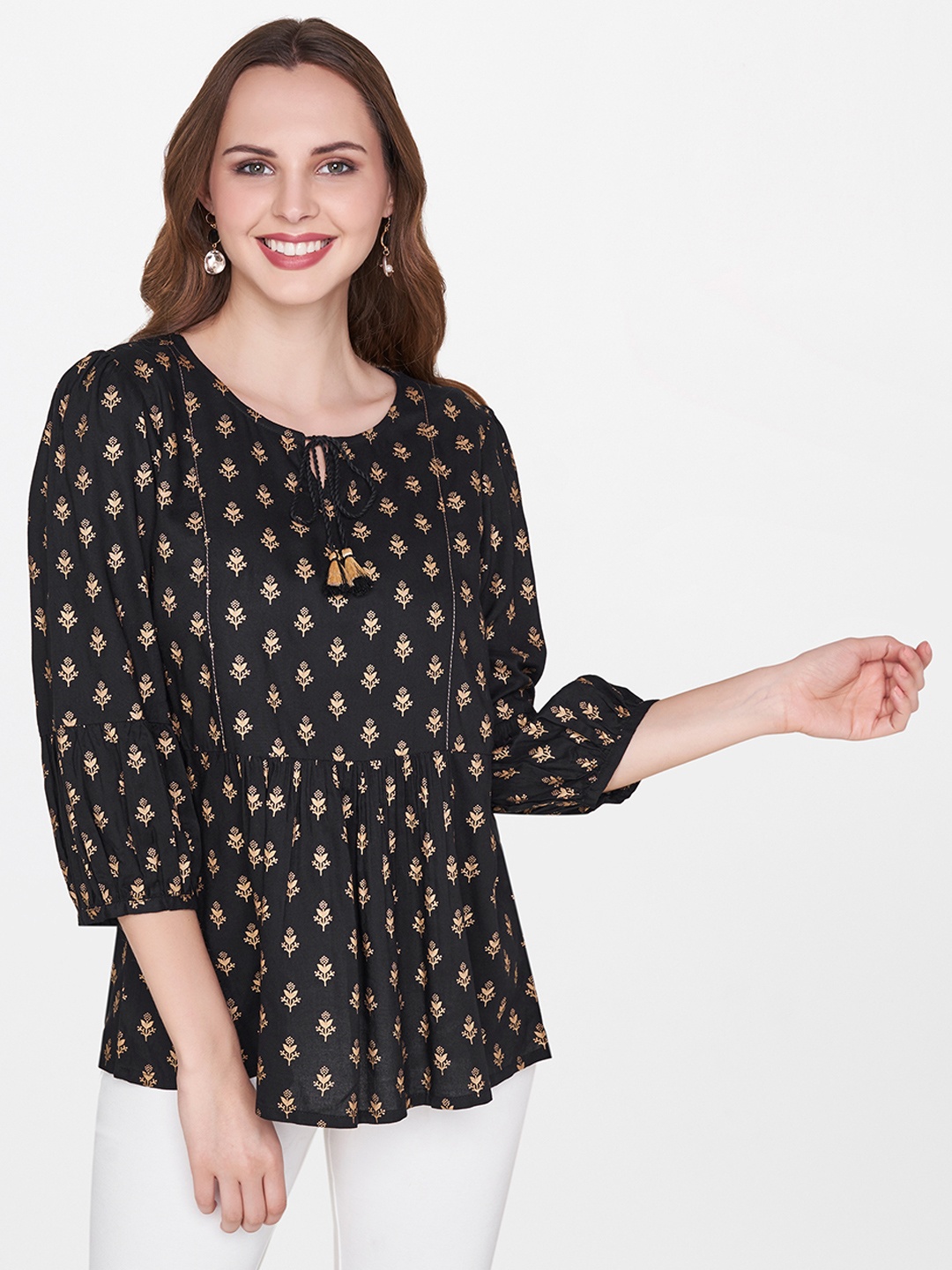 

Global Desi Women Black Printed A-Line Top