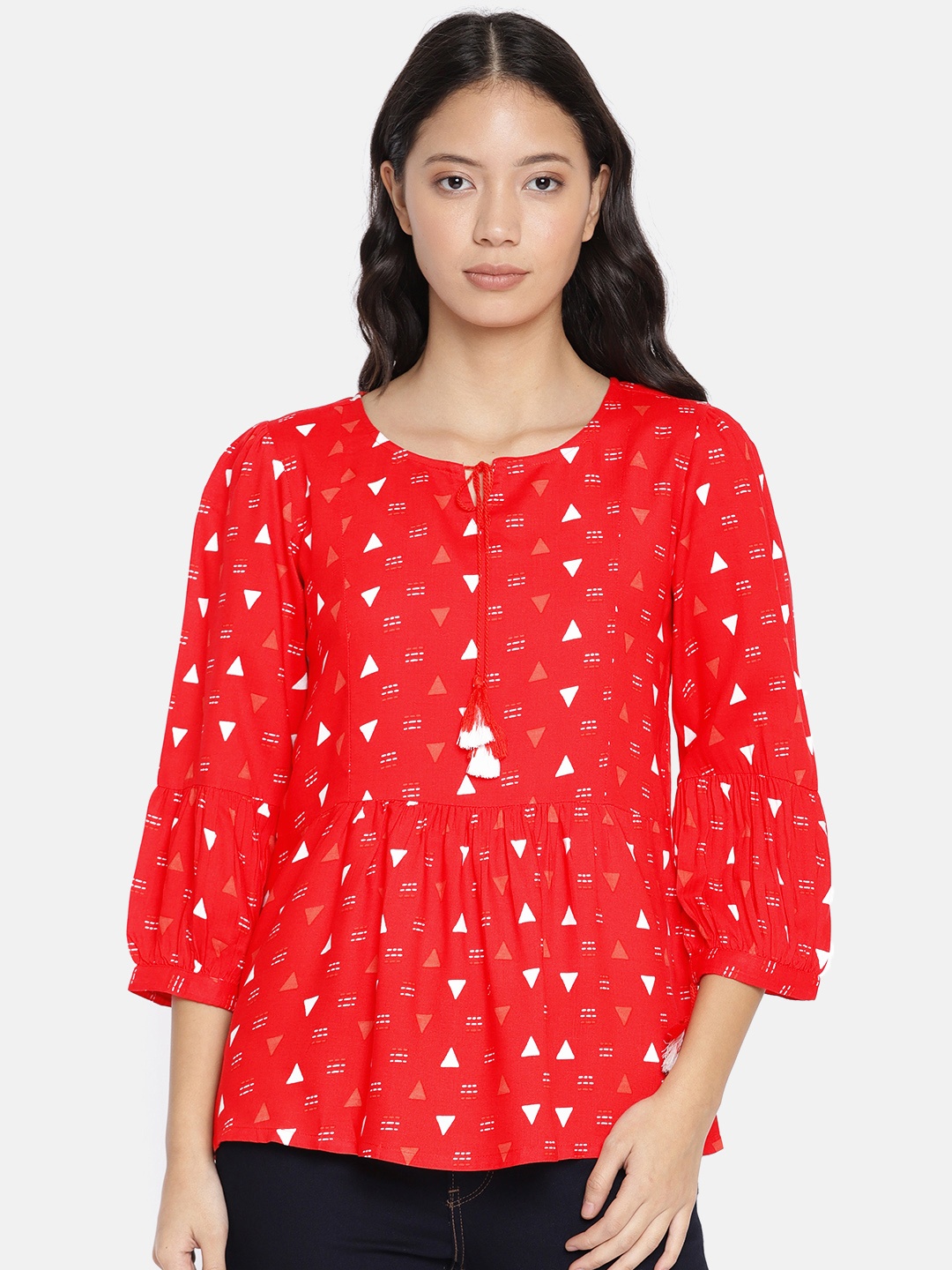 

Global Desi Women Red & White Printed Regular Top