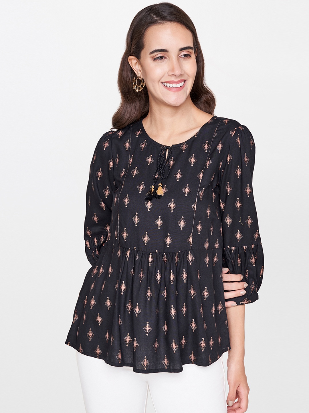 

Global Desi Women Black Printed A-Line Top