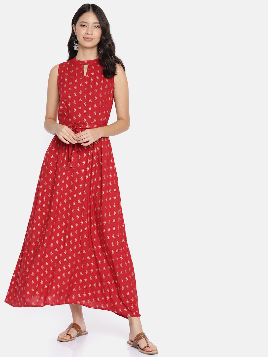 

Global Desi Women Red & Gold-Toned Printed Maxi Dress