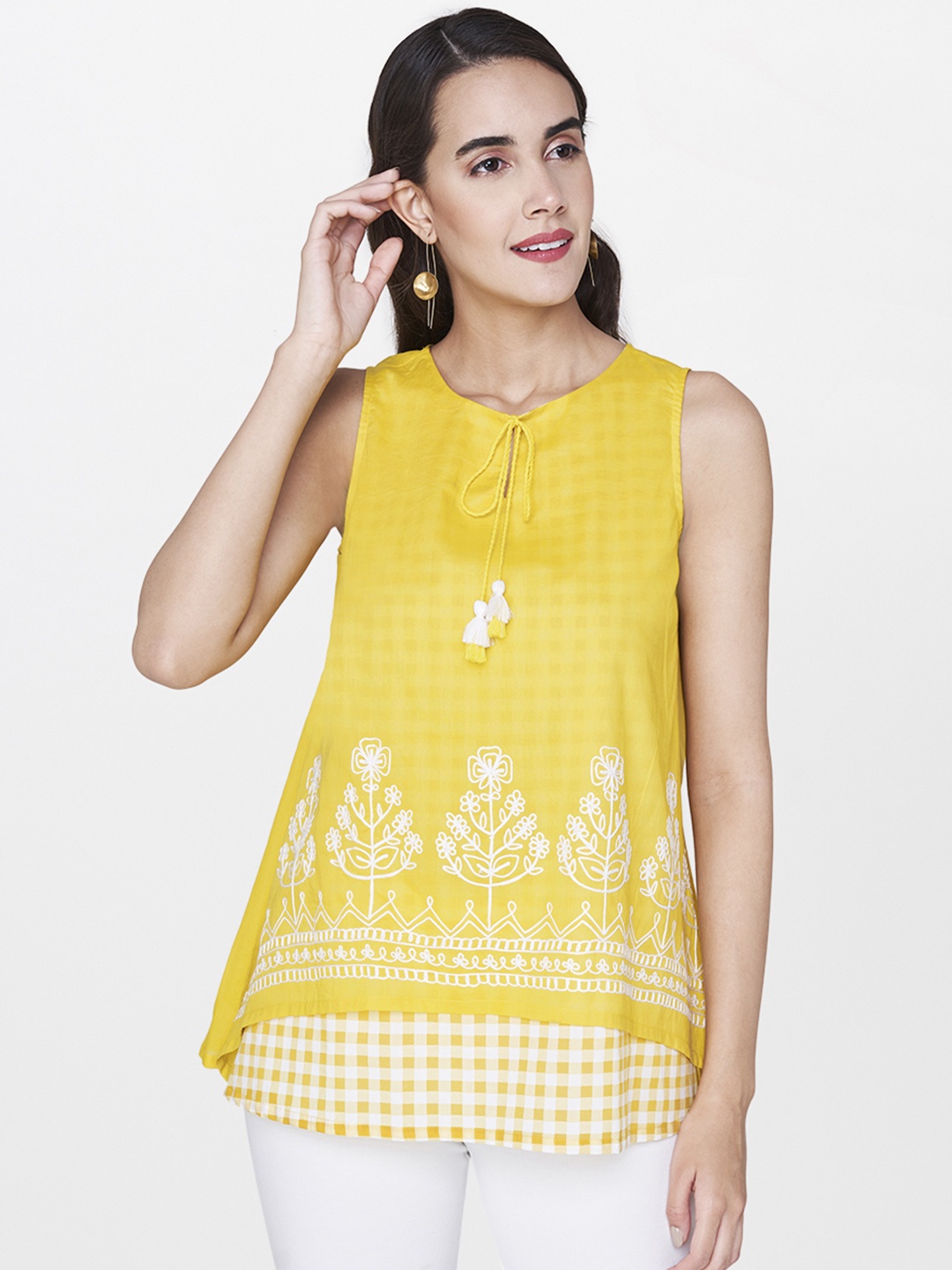 

Global Desi Women Yellow & White A-Line Pure Cotton Top