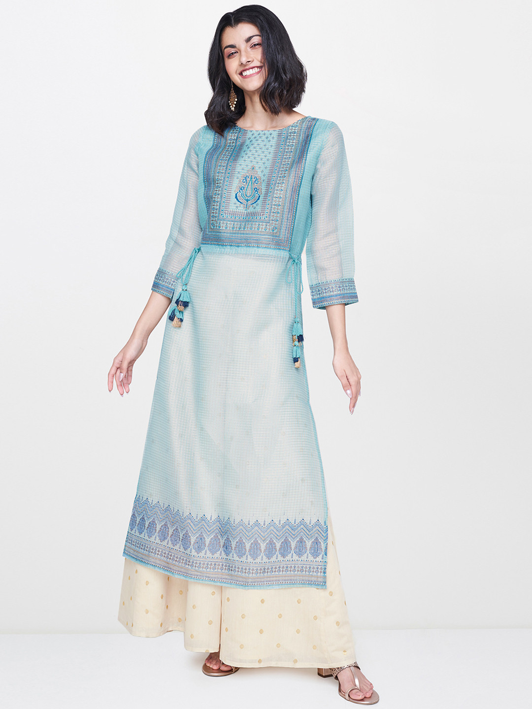 

Global Desi Women Blue & Beige Printed Kurta with Palazzos