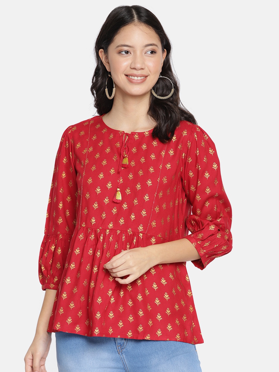 

Global Desi Women Red Printed Regular Top