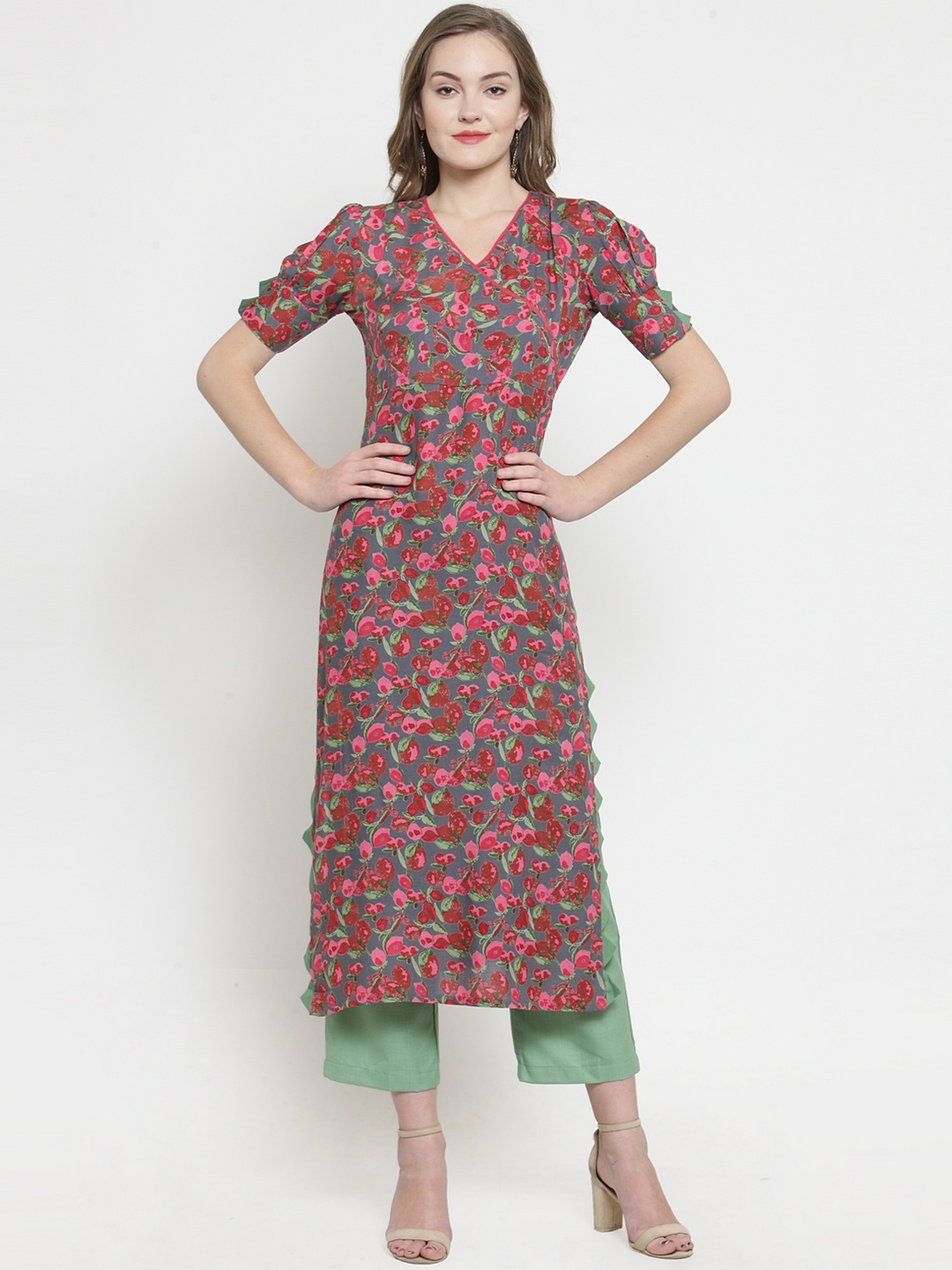 

Indibelle Women Grey & Pink Floral Print Straight Kurta
