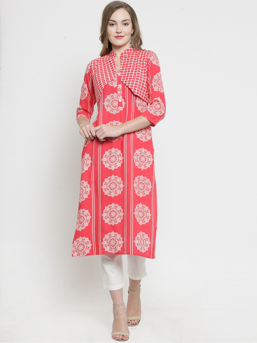 

Indibelle Women Pink & White Printed Straight Kurta