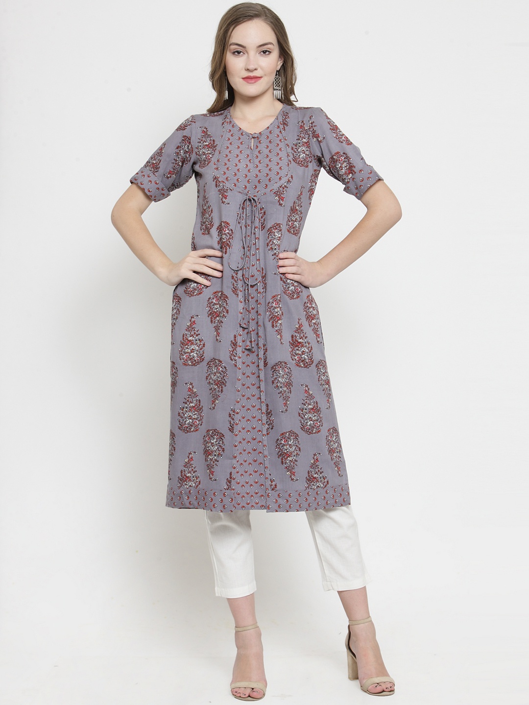 

Indibelle Women Grey & Red Printed Straight Kurta