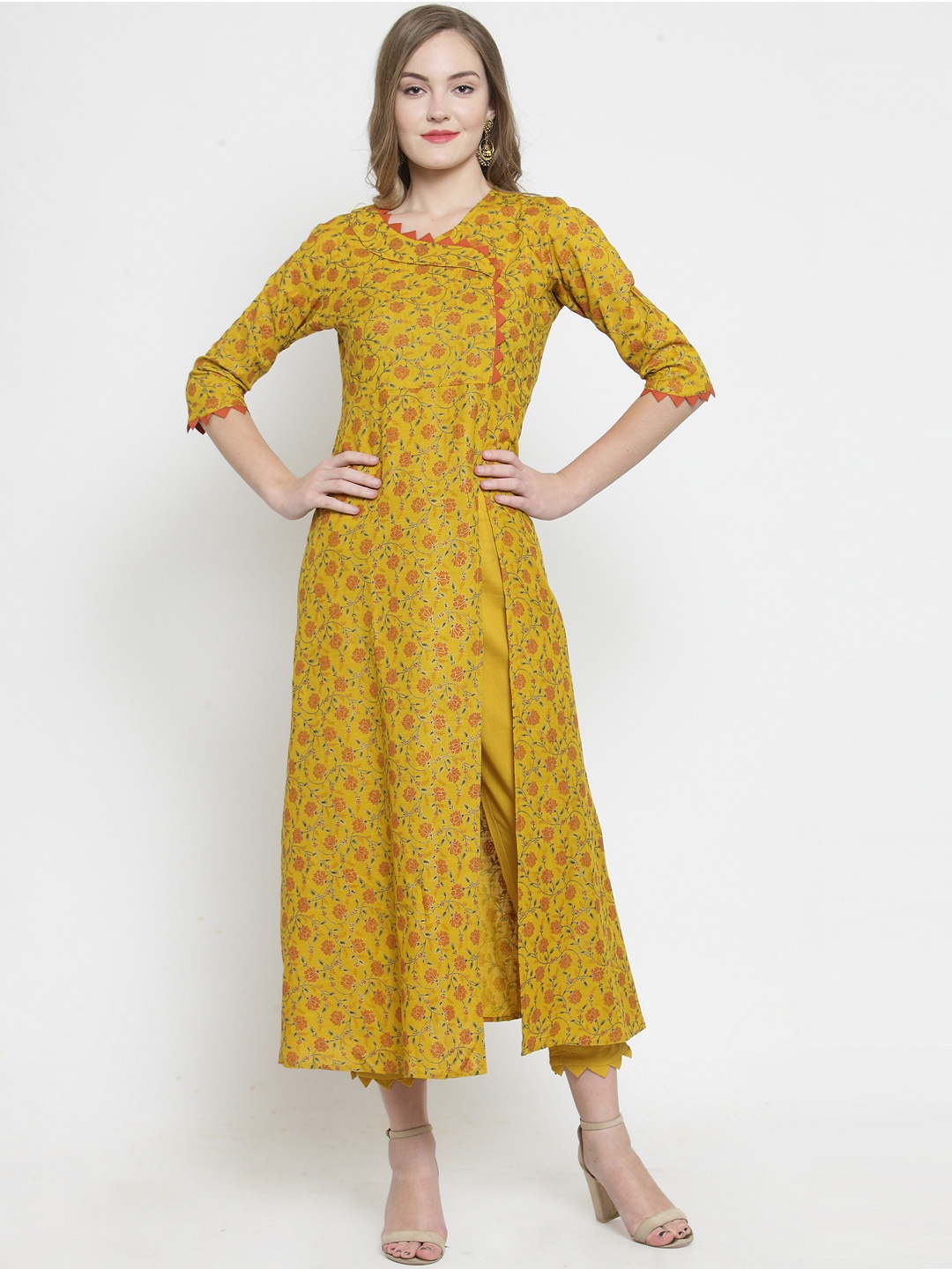 

Indibelle Women Yellow Printed A-Line Kurta
