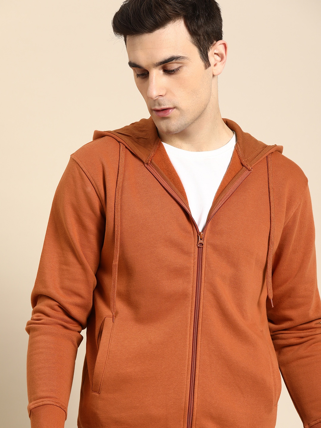 

ether Men Rust Orange Solid Hooded Sweatshirt
