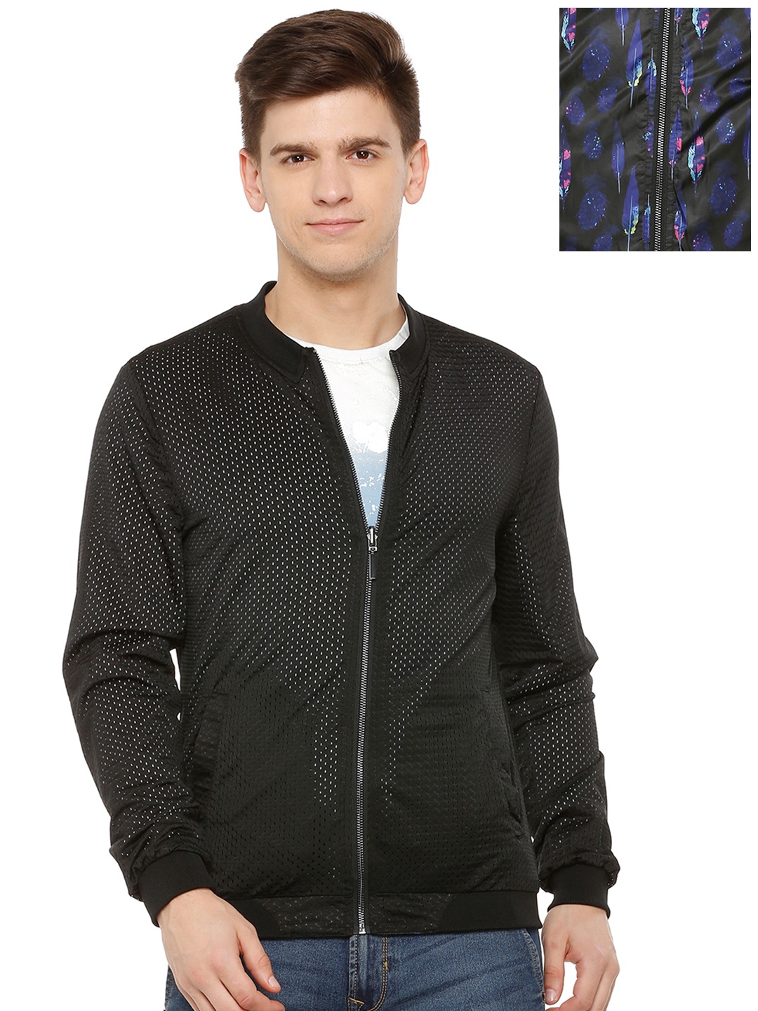 

V Dot Men Black Solid Reversible Bomber