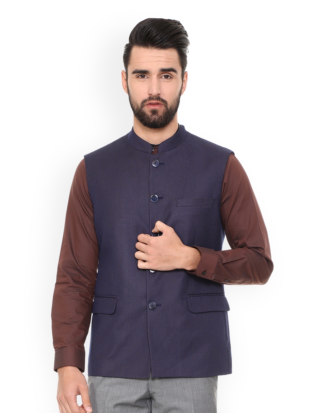 

Van Heusen Men Navy Blue Woven Deisgn Nehru Jacket