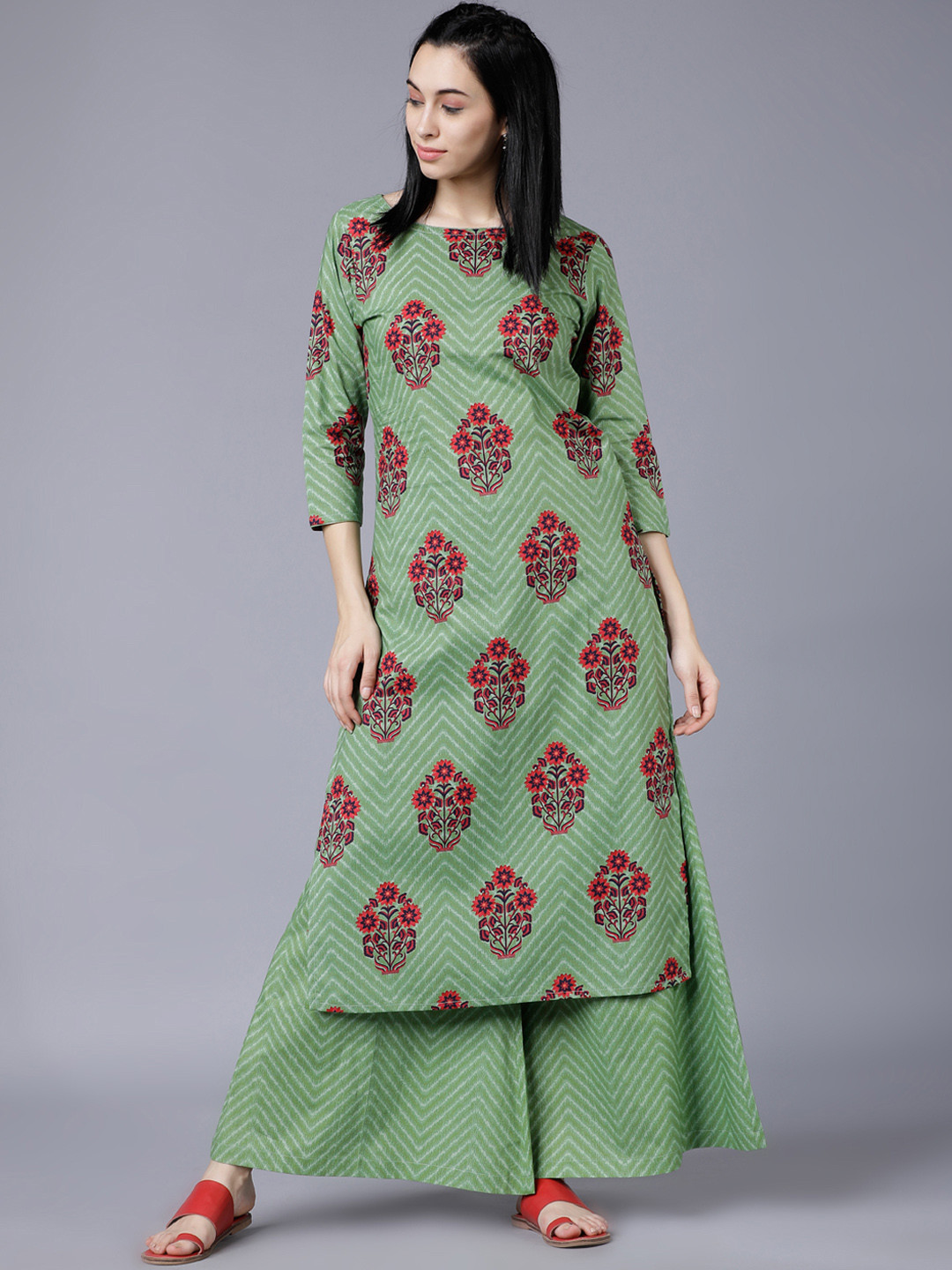 

Vishudh Women Green & Red Printed Kurta with Palazzos