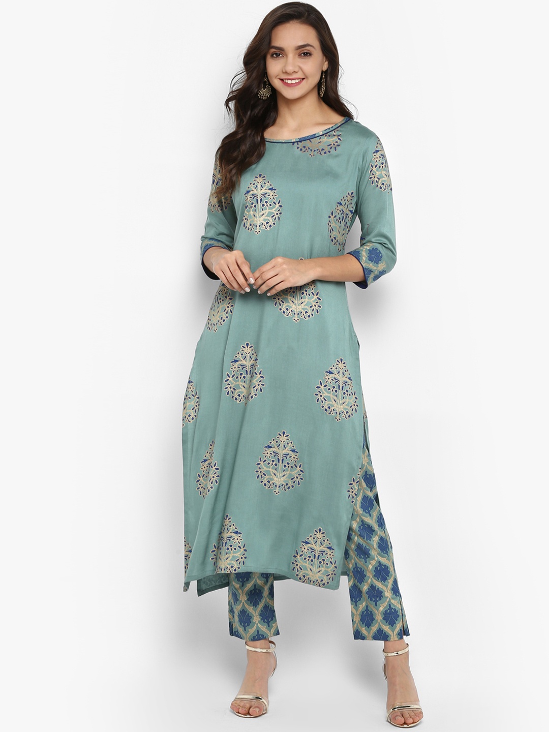 

Janasya Women Sea Green & Teal Blue Self Design Kurta with Trousers