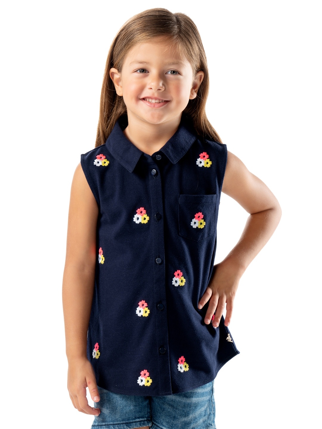 

Cherry Crumble Girls Navy Blue Embroidered Shirt-Style Cotton Top