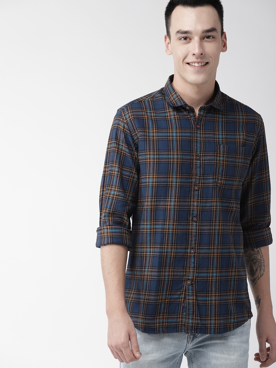 

Mast & Harbour Men Navy Blue & Brown Regular Fit Checked Casual Shirt