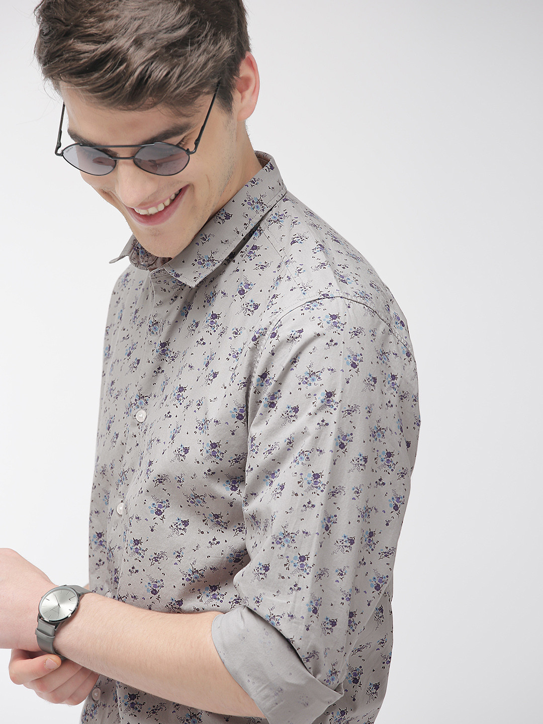 

Mast & Harbour Men Grey & Purple Printed Pure Cotton Casual Shirt