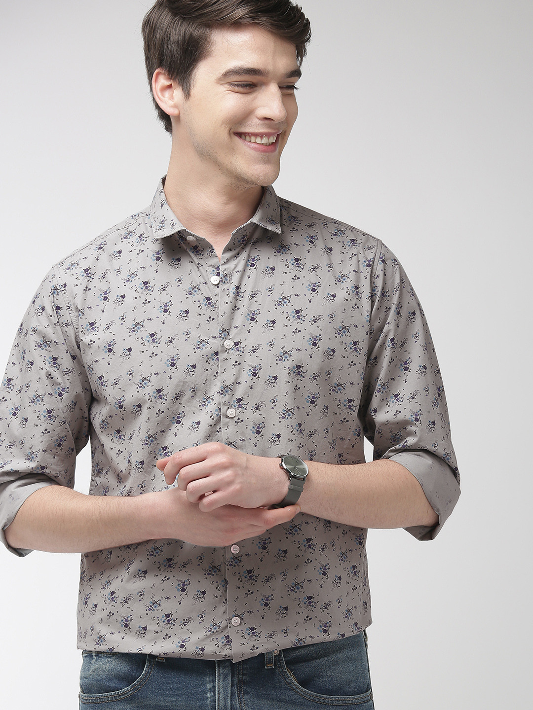 Mast & Harbour Men Grey & Purple Printed Pure Cotton Casual Shirt
