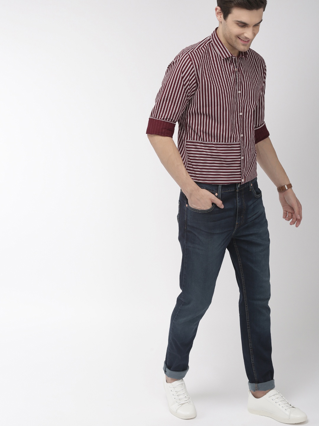 

Mast & Harbour Men Maroon & White Regular Fit Striped Casual Shirt