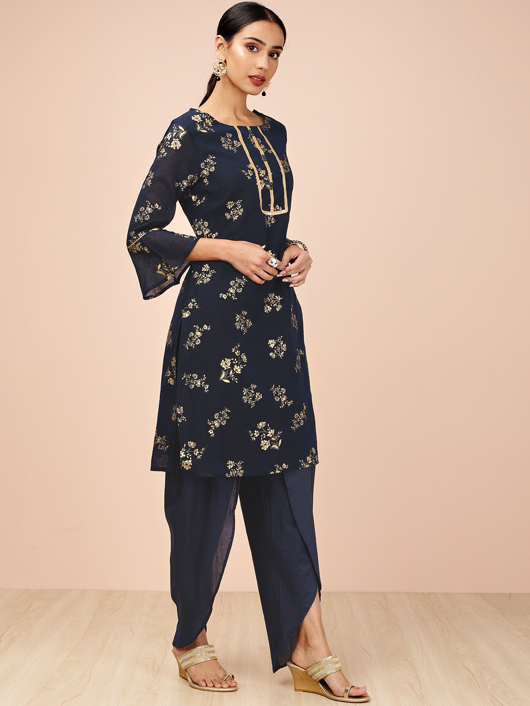 

all about you Women Navy Blue Printed Kurta with Dhoti Pants
