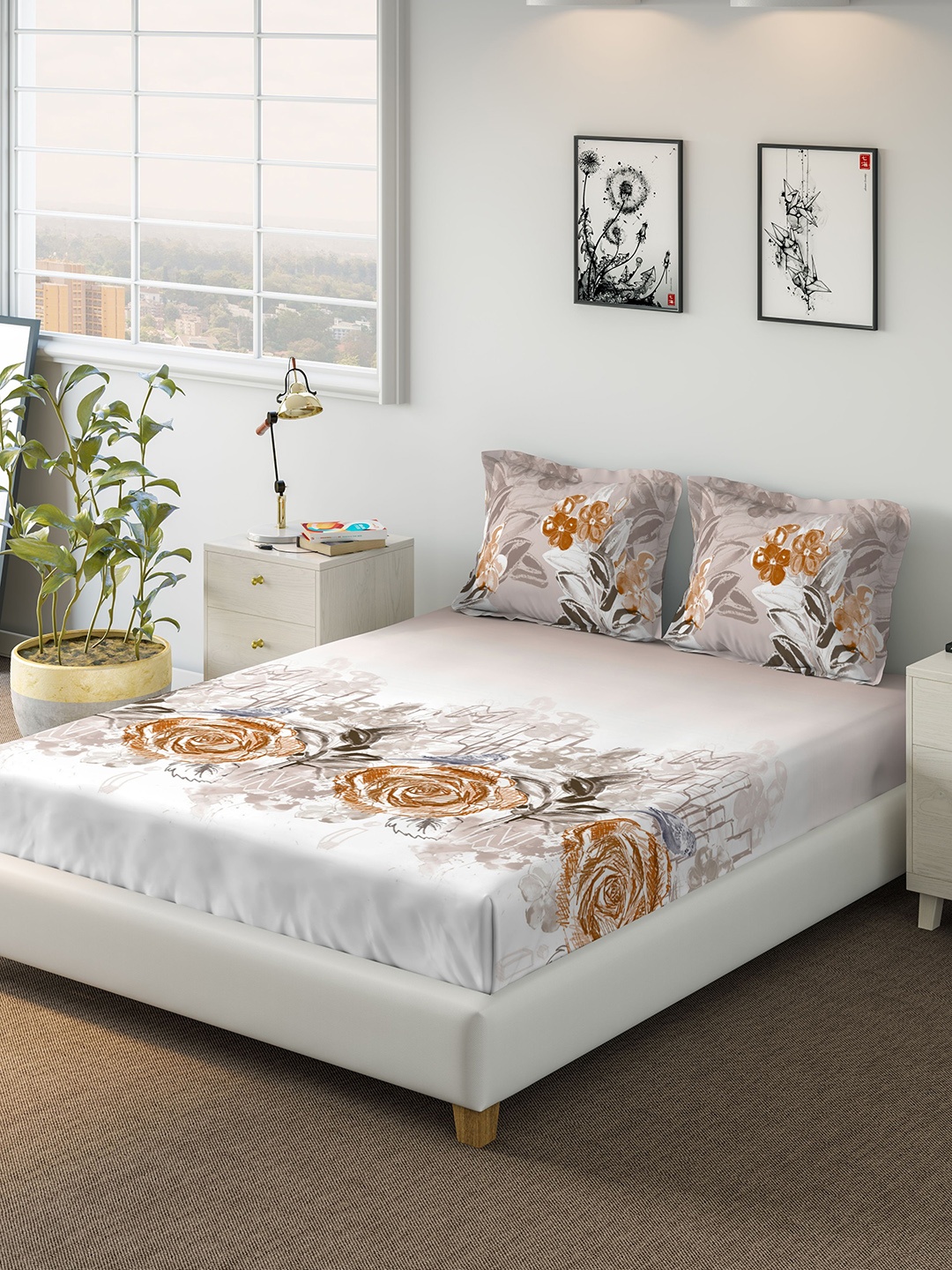 

DDecor Brown & White Floral Printed 144 TC Cotton Queen Bedsheet with 2 Pillow Covers