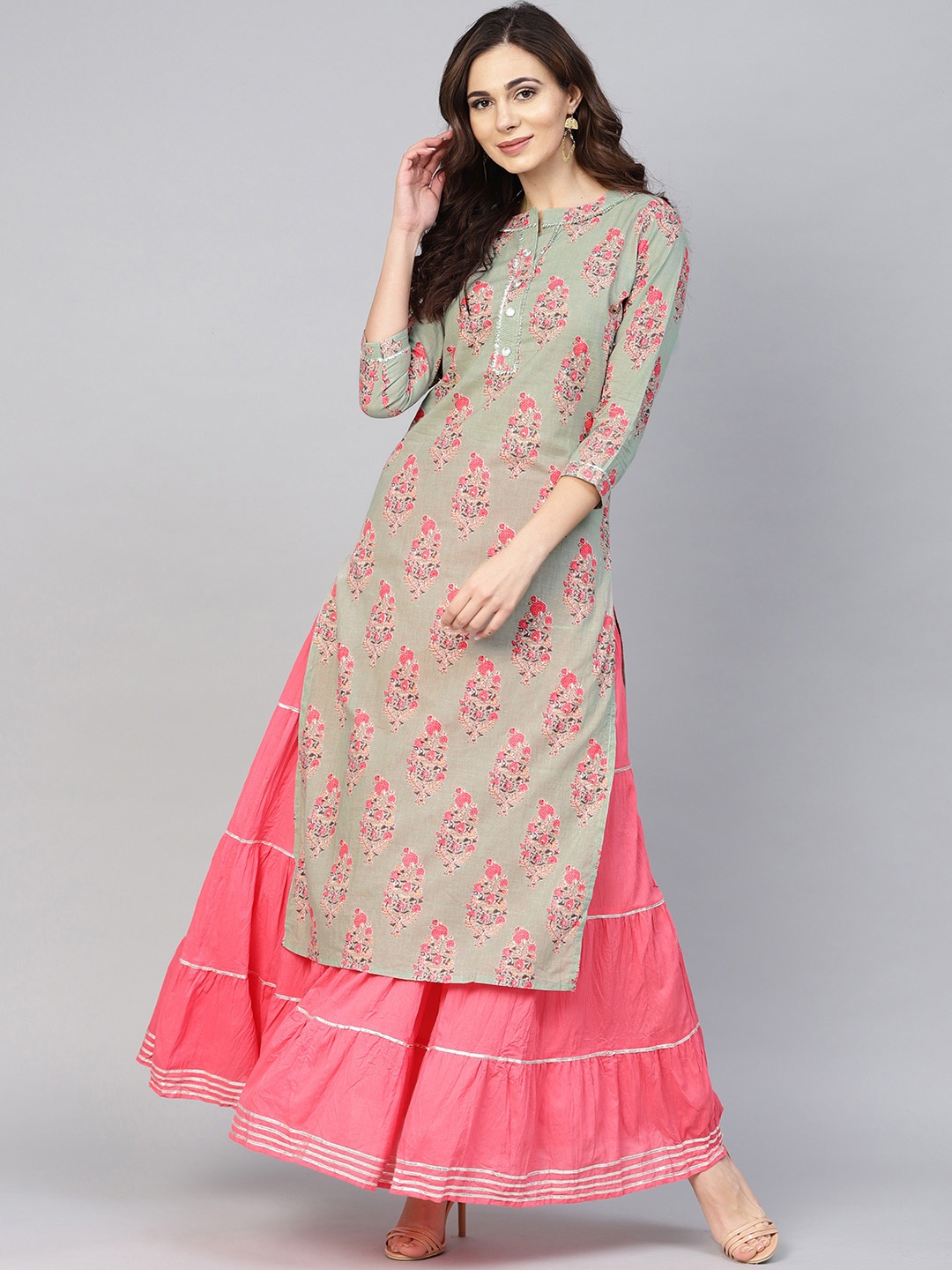 

Ishin Women Sea Green & Pink Printed Kurta with Skirt