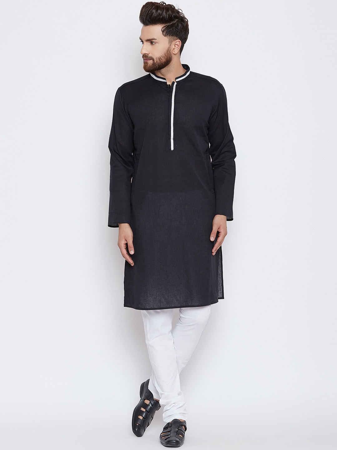 

even Men Black Solid Straight Kurta