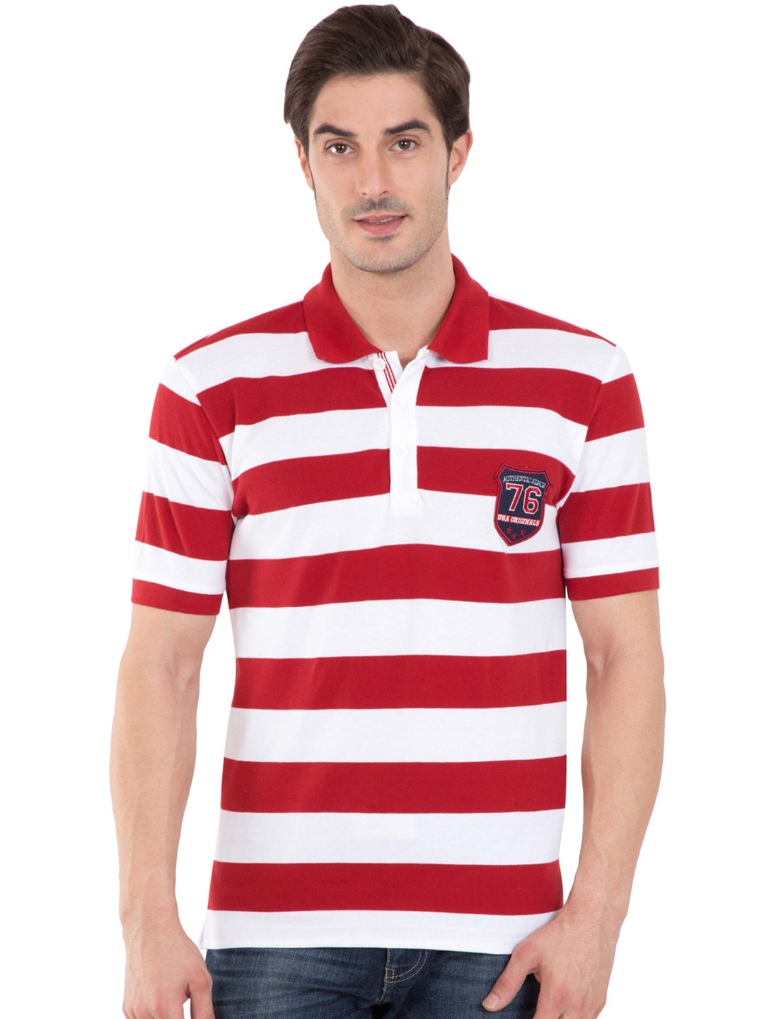 

Jockey Men Red White Striped Polo Collar Pure Cotton T-shirt