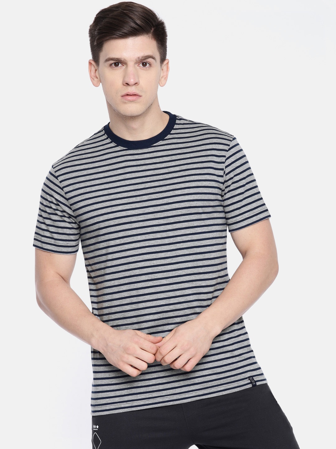 

Jockey Men Grey Melange Navy Striped Pure Cotton T-shirt