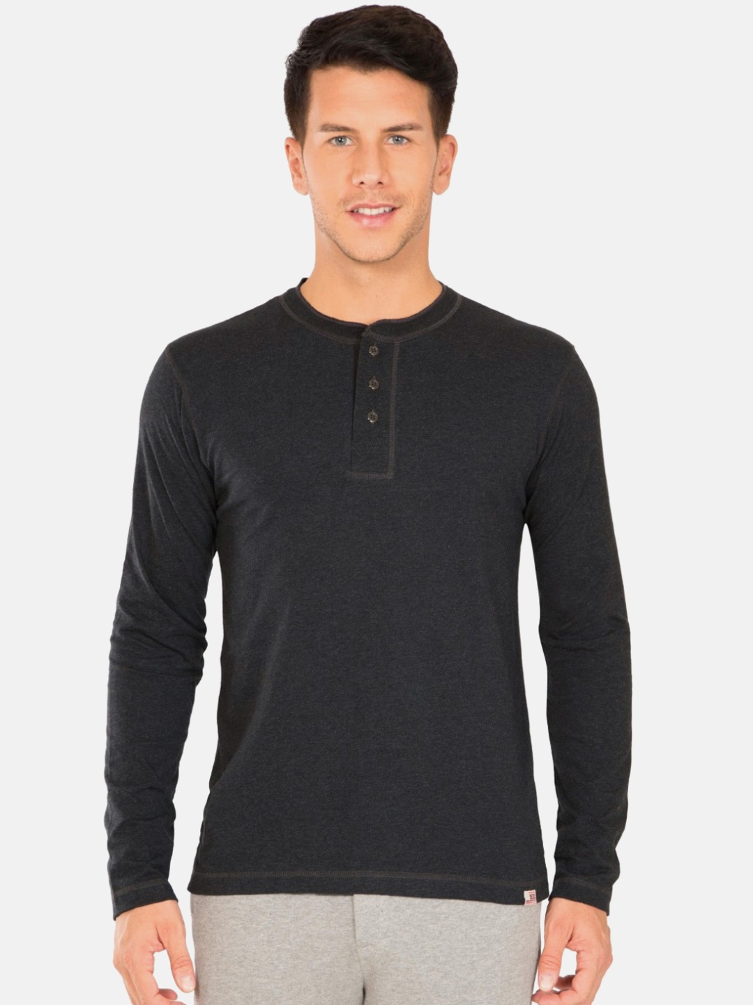

Jockey Men Charcoal Solid Henley Neck Pure Cotton T-shirt
