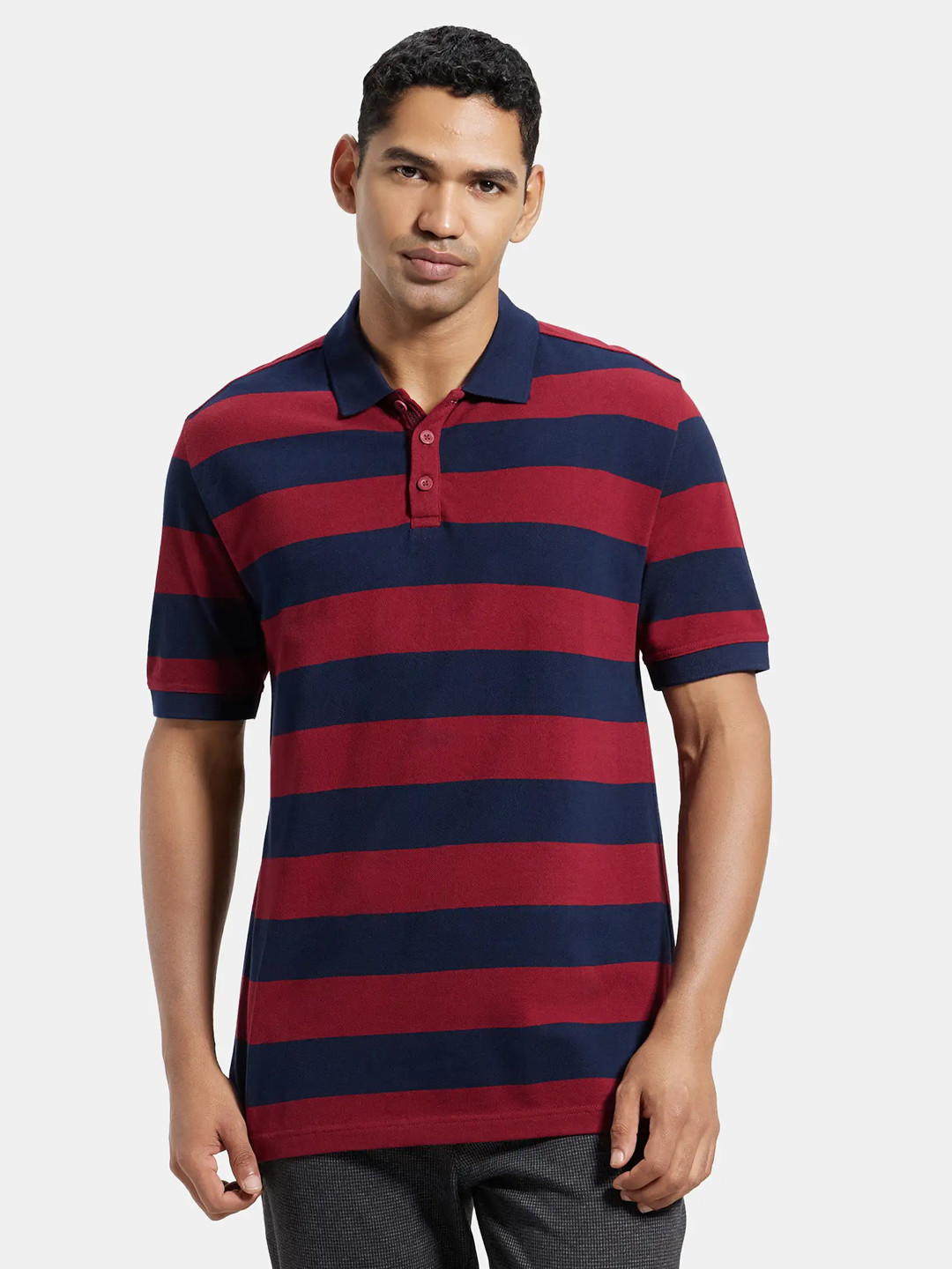 

Jockey Men Navy Blue Maroon Striped Polo Collar Pure Cotton T-shirt