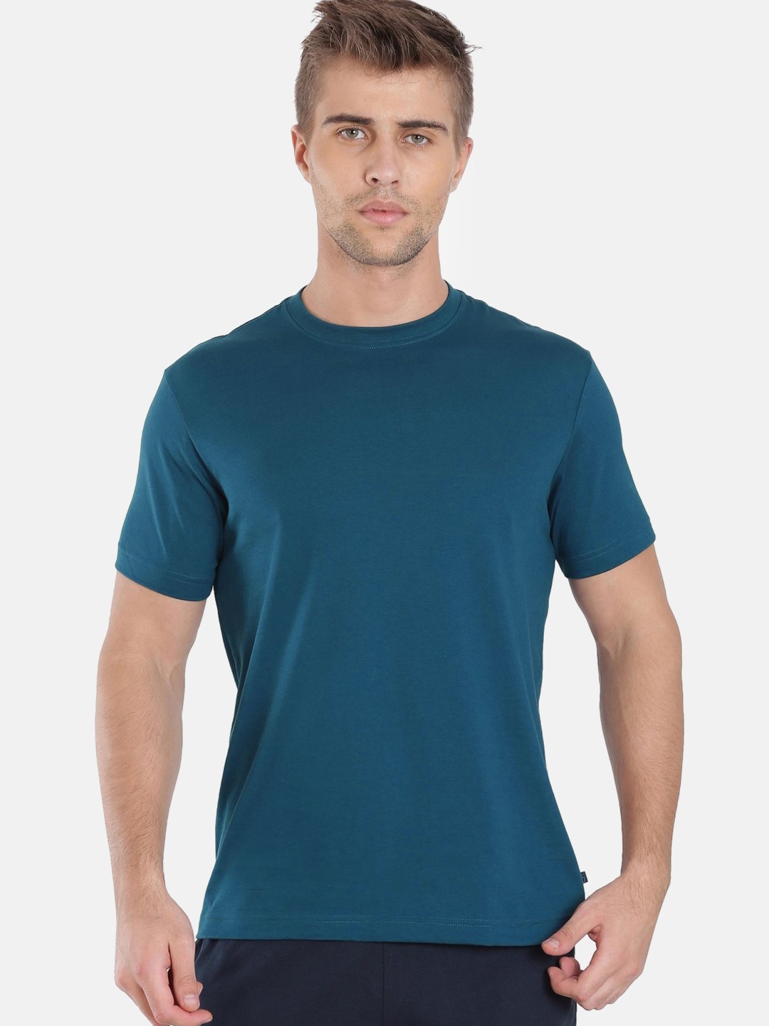 

Jockey Men Teal Blue Solid Round Neck Sports Pure Cotton T-shirt